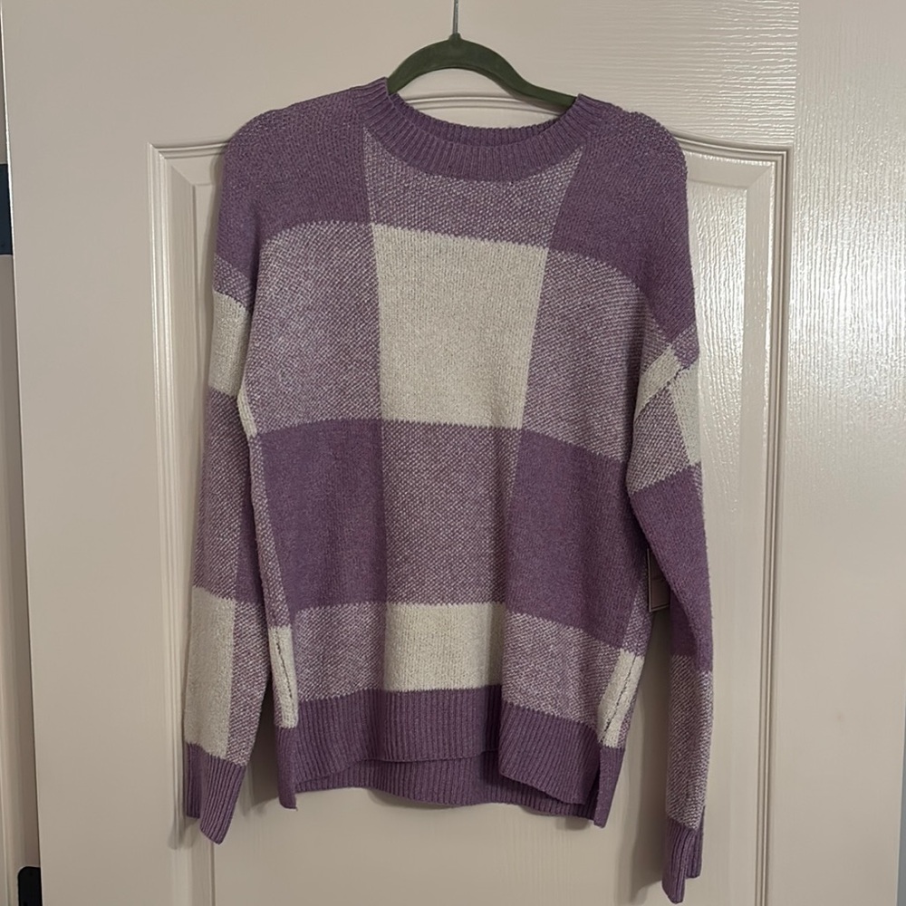 Purple and White Crew Neck Sweater with Geometric Pattern
